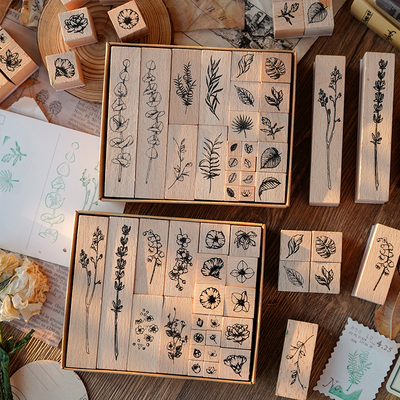 22pc Vintage Plant and Flower Journal Stamp Wooden Rubber Stamps for Scrapbooking Card Decoration Embossing Craft Standard Stamp
